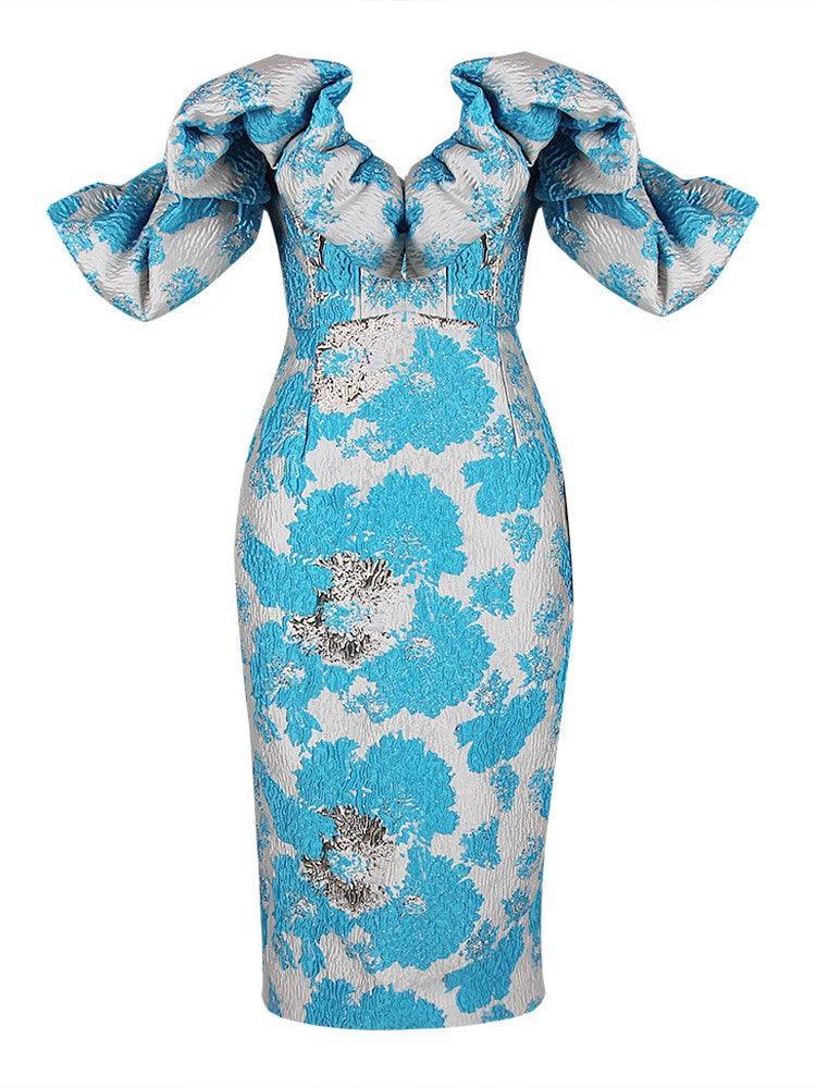 Off-Shoulder Puff Sleeve Jacquard Ruffle High Slit Bodycon Midi Dress