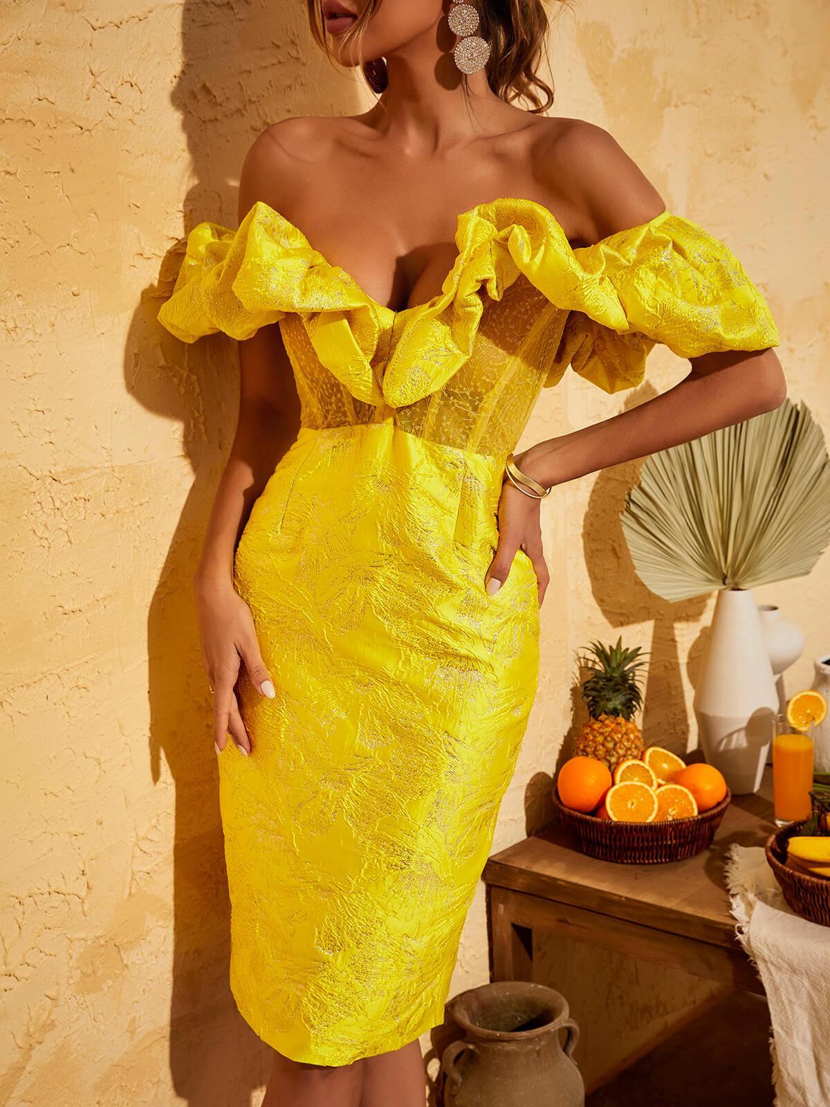 Off-Shoulder Ruffle Jacquard Bodycon Midi Dress