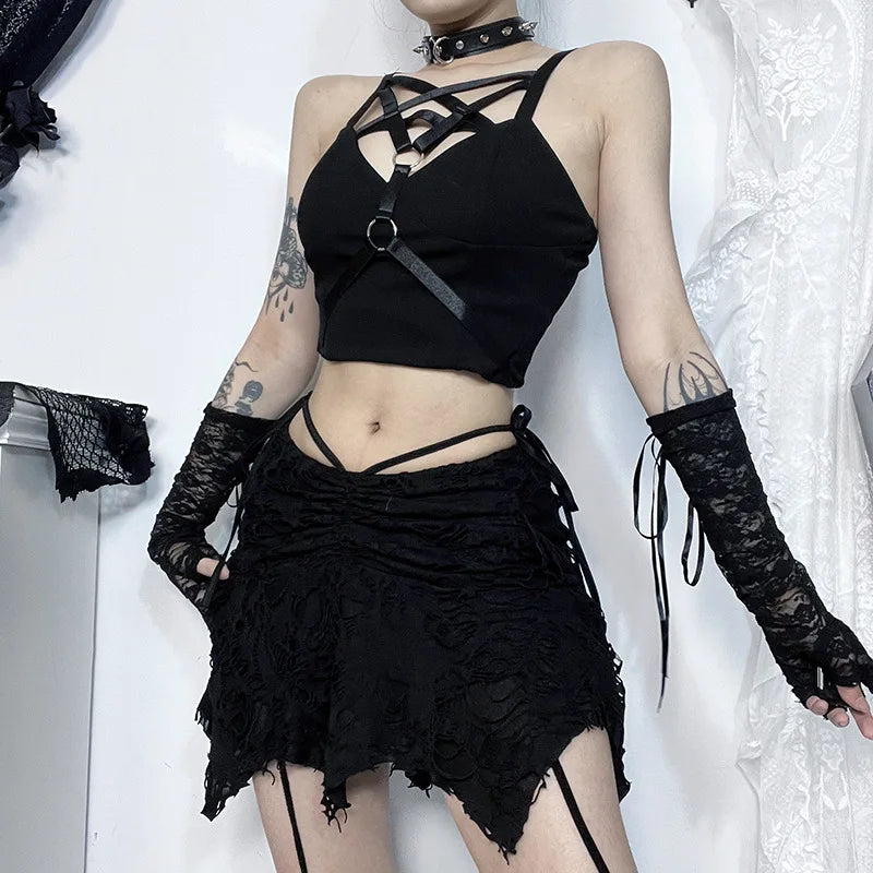 Goth Black Holes Laceup Mini Sexy Vintage Folds Irregular Bodycon Short Women New Fashion Skirt