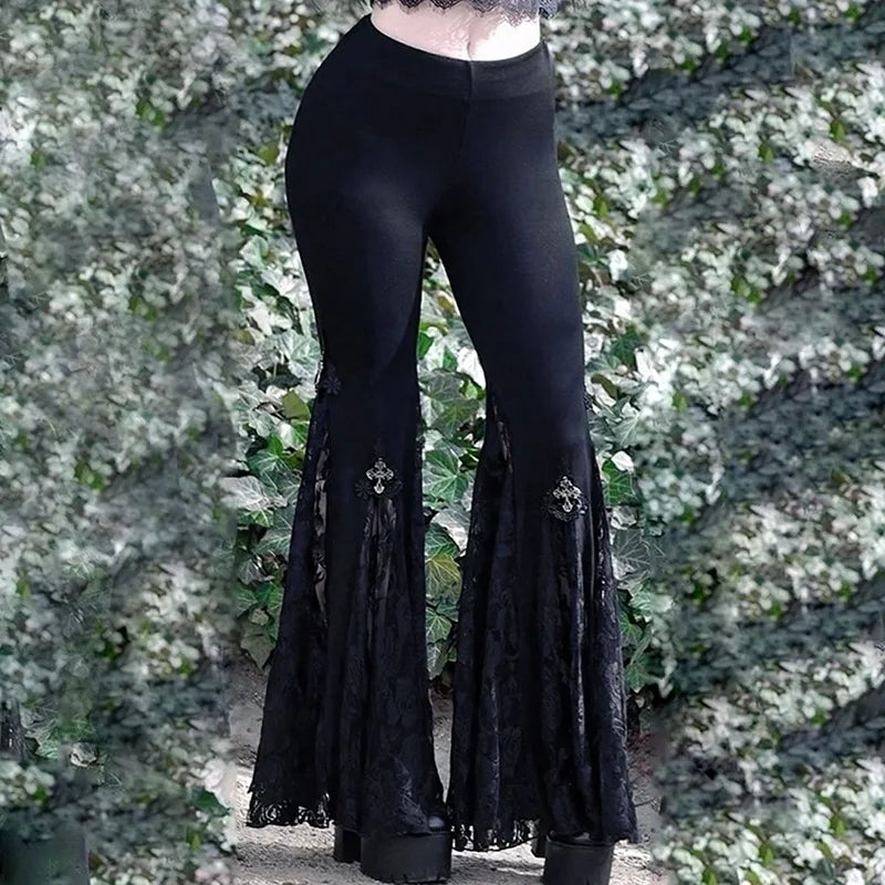 Goth Dark High Waist Long Gothic Lace Patchwork Flare Grunge Egirl Pants