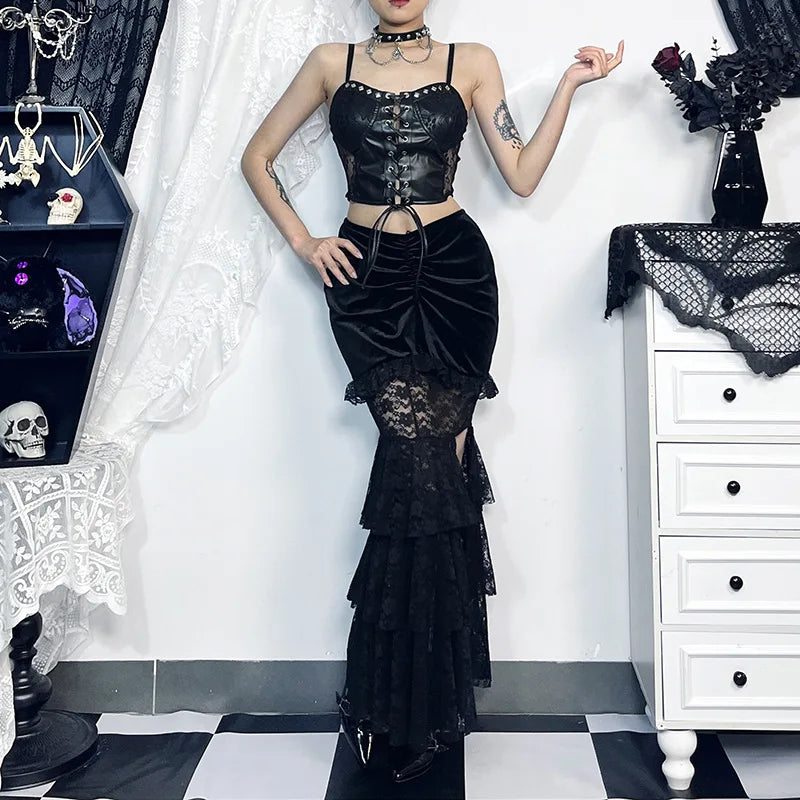 Gothic Folding Fishtail Multilayer Splicing Split Woman Velvet High Waist Lace Patchwork Mermaid Skirt