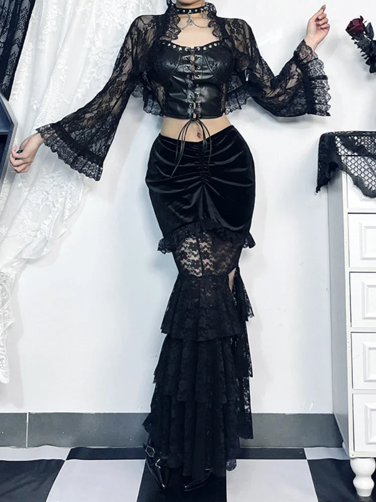 Gothic Folding Fishtail Multilayer Splicing Split Woman Velvet High Waist Lace Patchwork Mermaid Skirt
