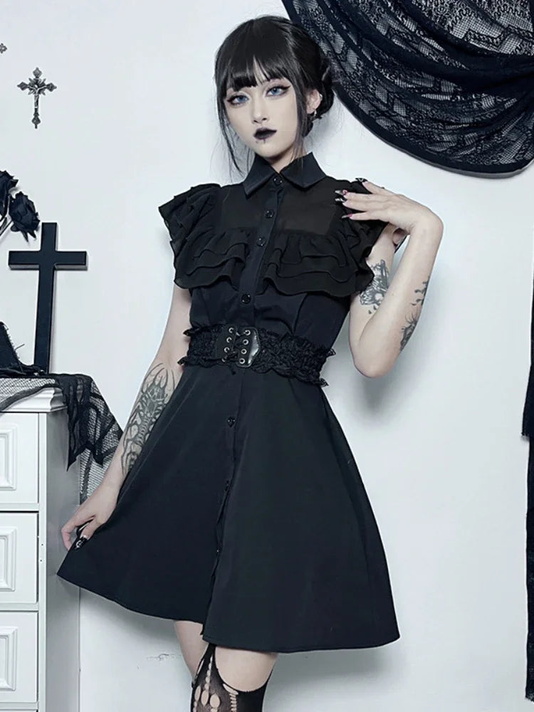 Gothic Mall Harajuku EGirl Dress Mesh Patchwork Black Slim ALine Sexy Party Grunge Aesthetic Streetwear Dress