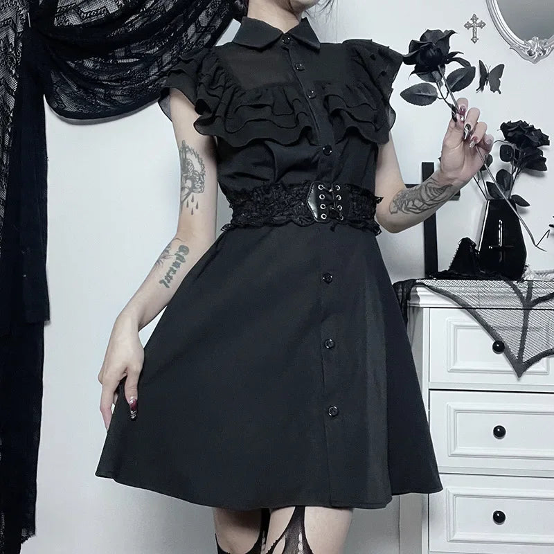 Gothic Mall Harajuku EGirl Dress Mesh Patchwork Black Slim ALine Sexy Party Grunge Aesthetic Streetwear Dress