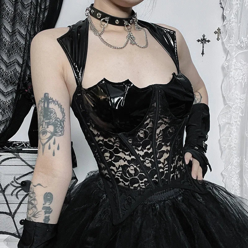 Gothic PU Leather Steampunk Grunge Vintage Lace Mesh Sexy Sleeveless Crop Top
