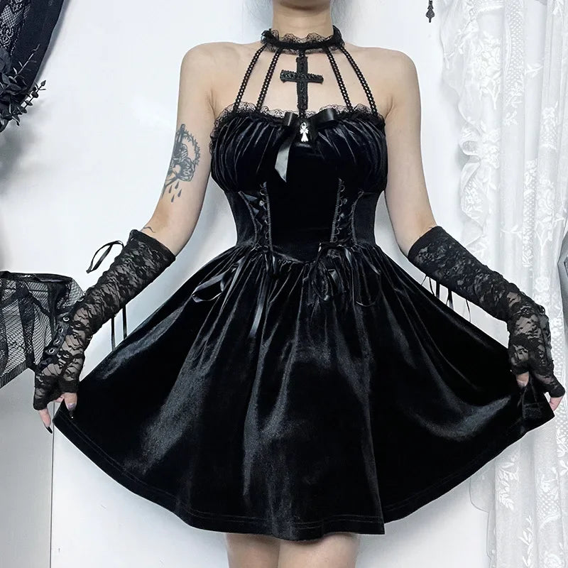 Gothic Velvet CrissCross Halter Dress Vintage Draped Lace Sleeveless Bodycon Backless ALine Cocktail Party Dress