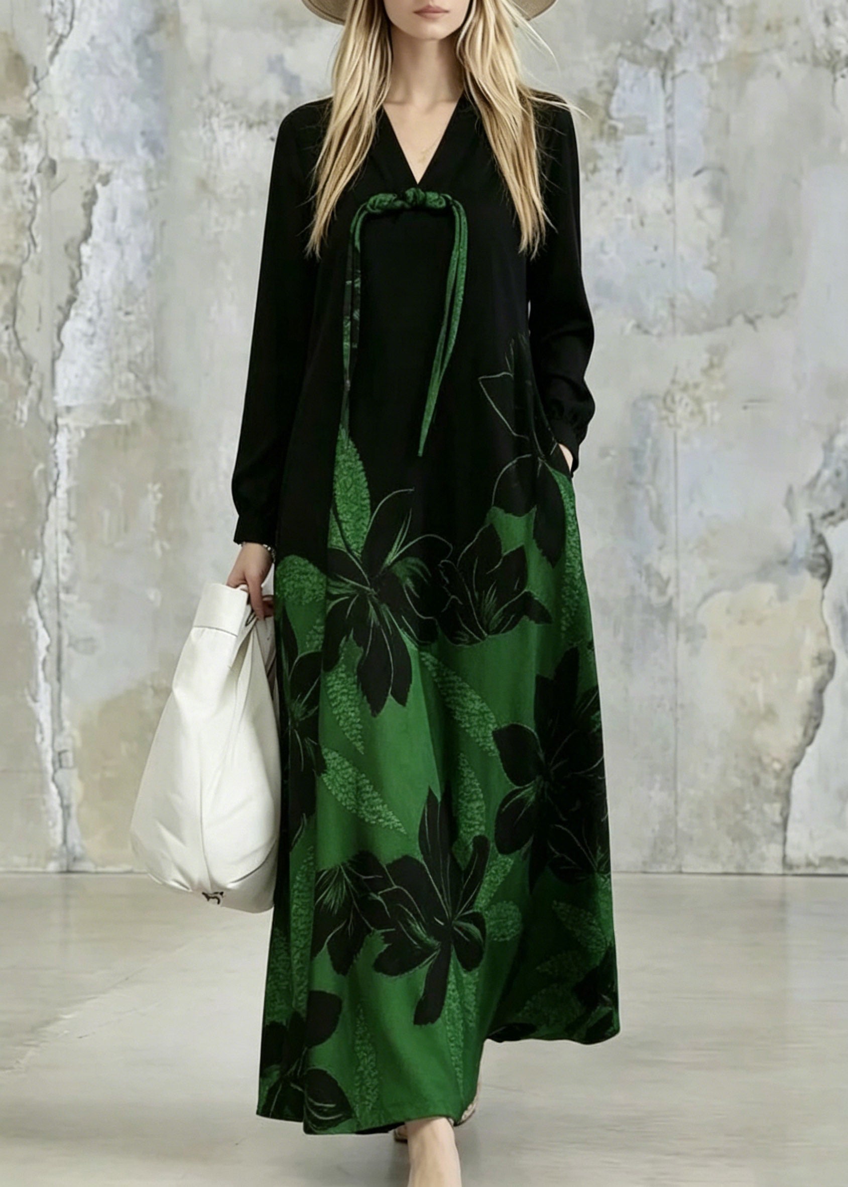 Gradient Color Green Print Pockets Tassel Maxi Dresses Fall
