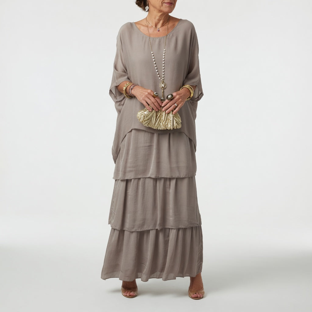 Round Neck Batwing Sleeve Tiered Chiffon Flowy Maxi Dress