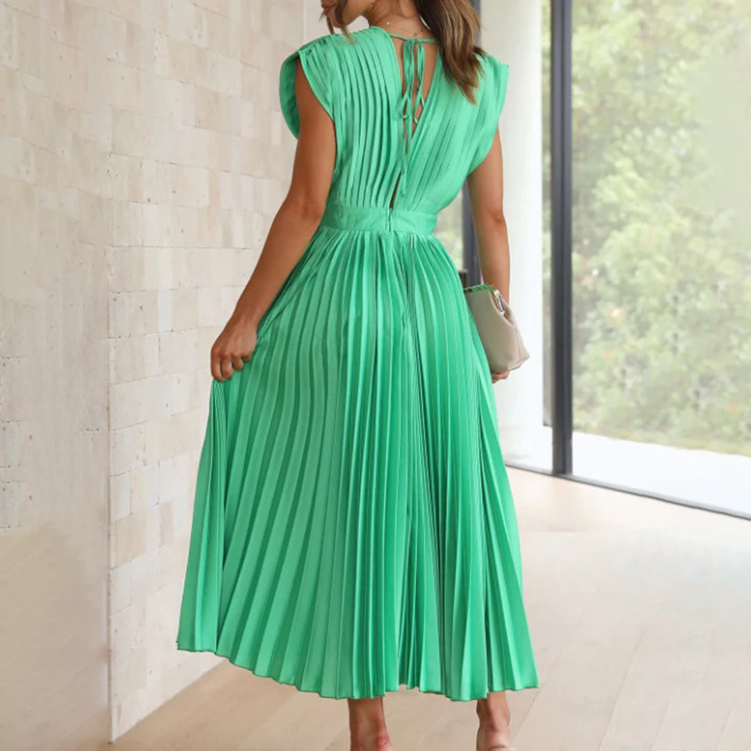 Deep V-Neck Satin Pleated Sleeveless A-Line Midi Dress