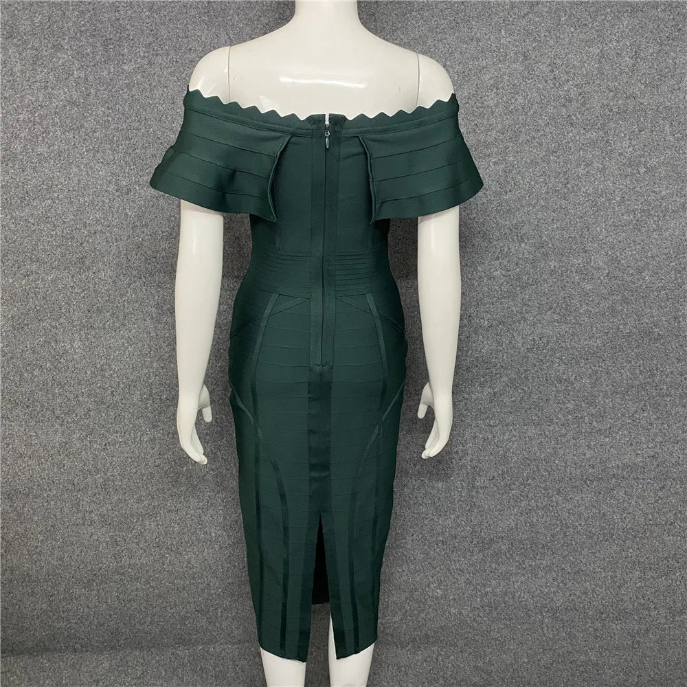 Green Ladies Bandage Dress Ruffles Slash Neck Bodycon Knee-Length Party Dress