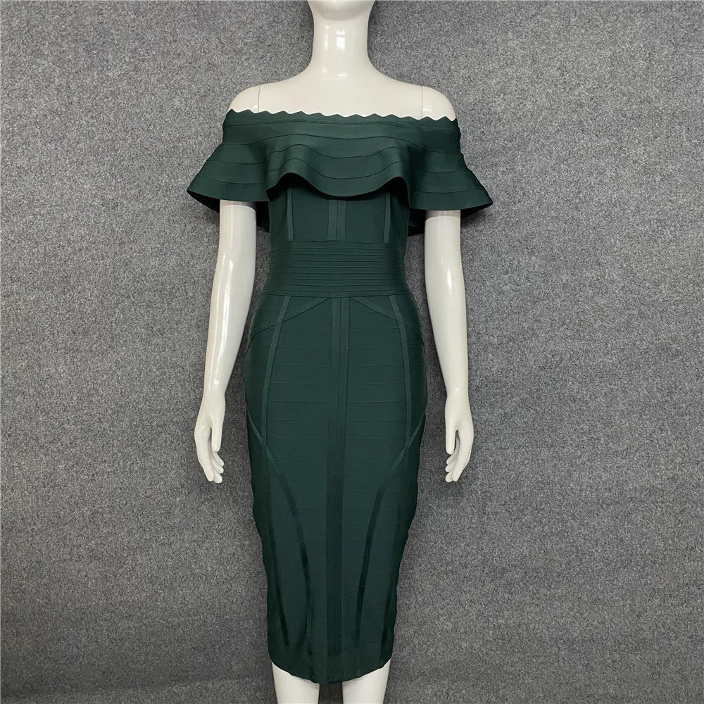 Green Ladies Bandage Dress Ruffles Slash Neck Bodycon Knee-Length Party Dress