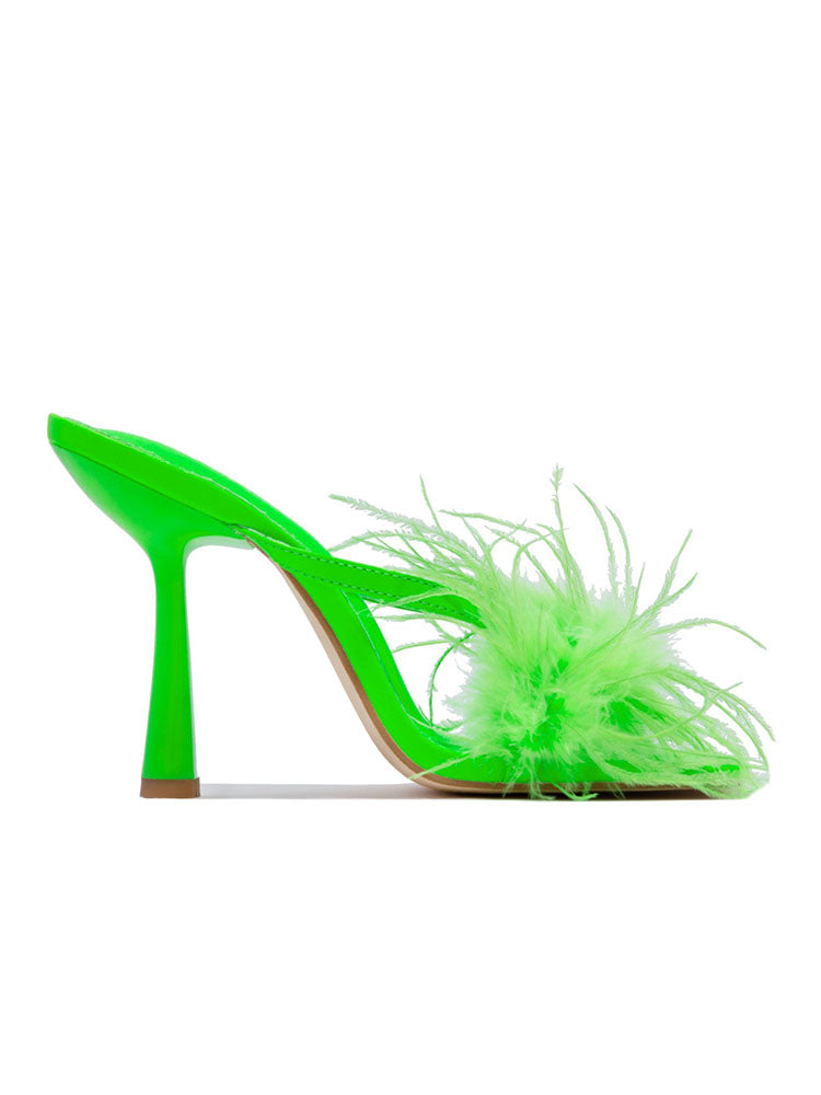 Feather Trim Square Toe Stiletto High Heel Mules
