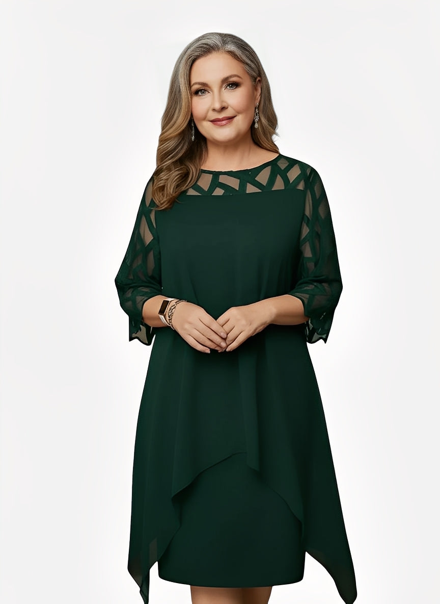 Round Neck Mesh Illusion Three Quarter Sleeve Chiffon Overlay Midi Dress 4