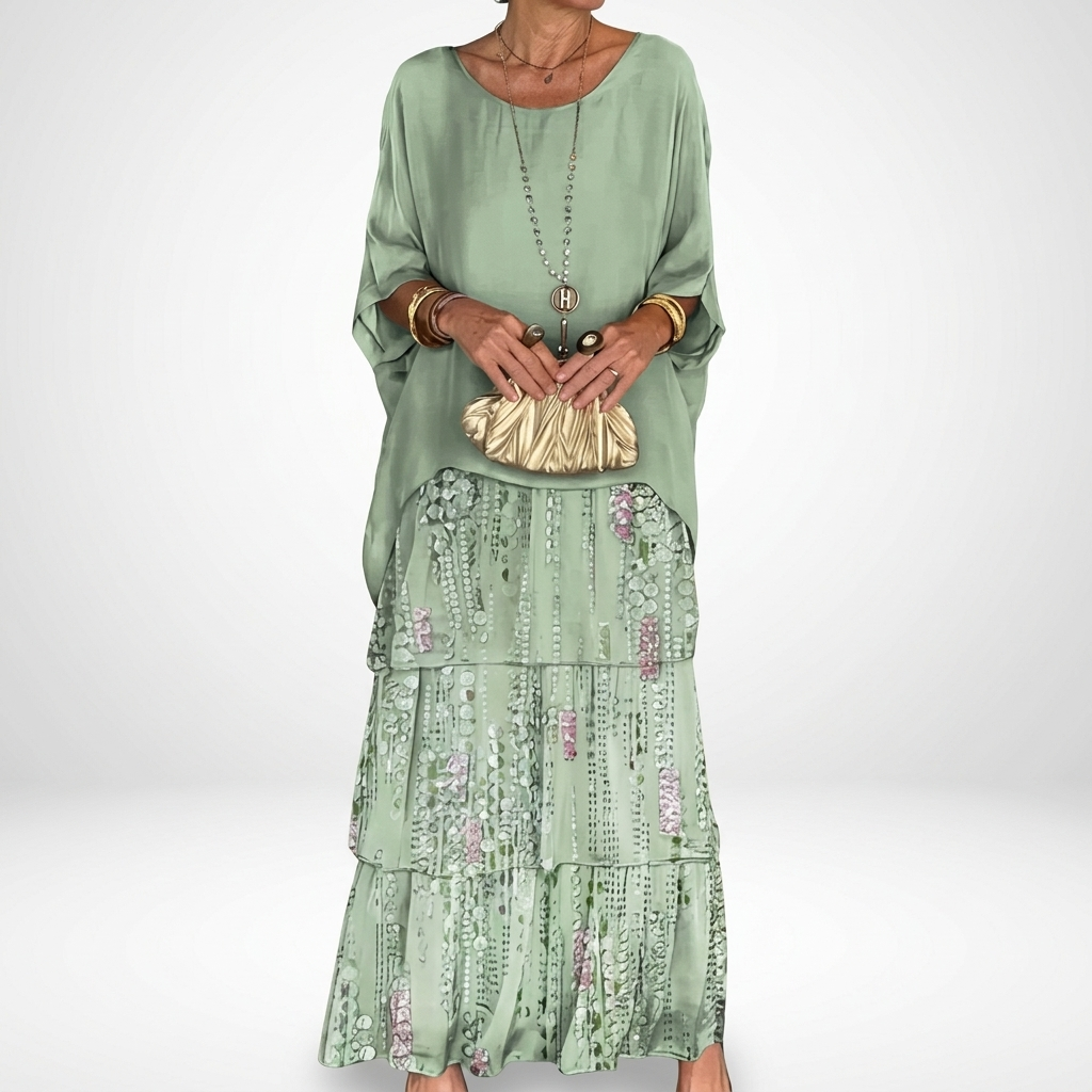 Round Neck Batwing Sleeve Tiered Chiffon Flowy Maxi Dress