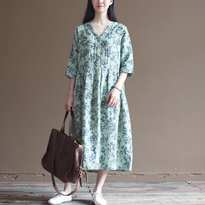 Green V neck floral cotton dresses elegant bracelet sleeve maxi dress