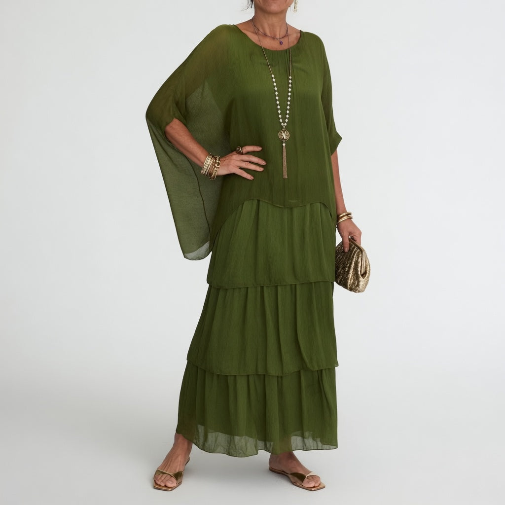 Round Neck Batwing Sleeve Tiered Chiffon Flowy Maxi Dress