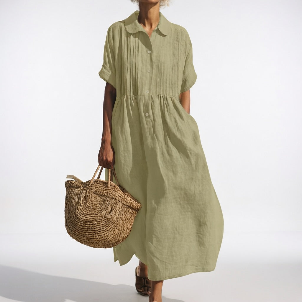 Collared Pintuck Pleated Short Sleeve Linen A-Line Maxi Shirt Dress