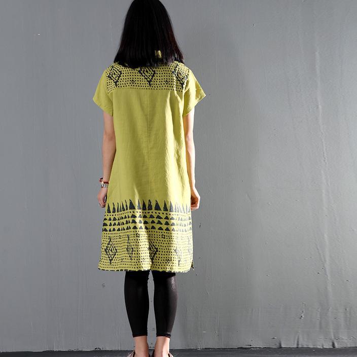 Green floral sundress linen summer shift dresses short sleeve