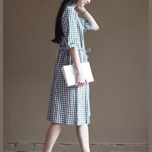 Green plaid sundress cotton summer fit flare dresses vintage style