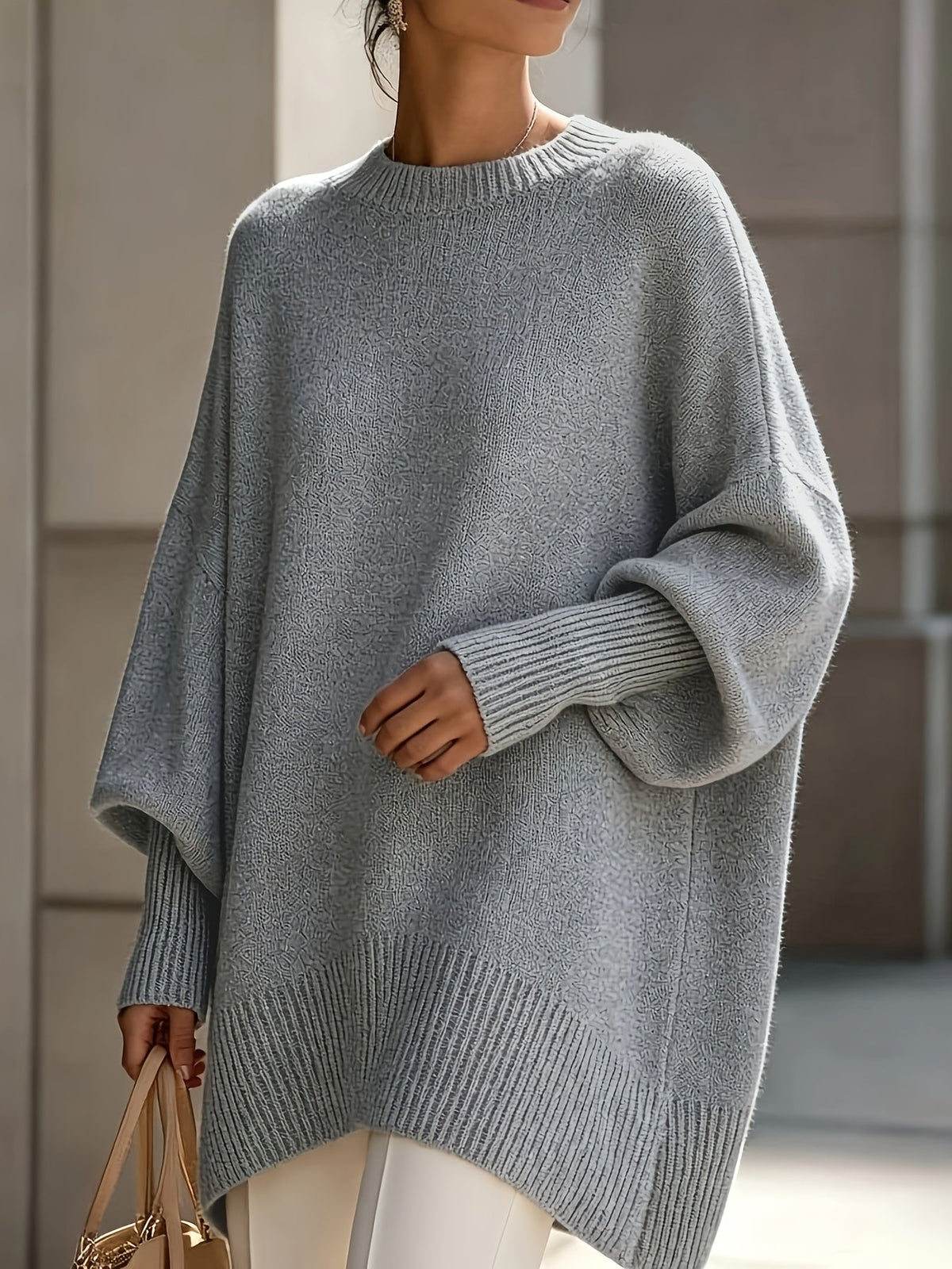 Mock Neck Drop Shoulder Asymmetric Hem Oversized Knit Sweater 13