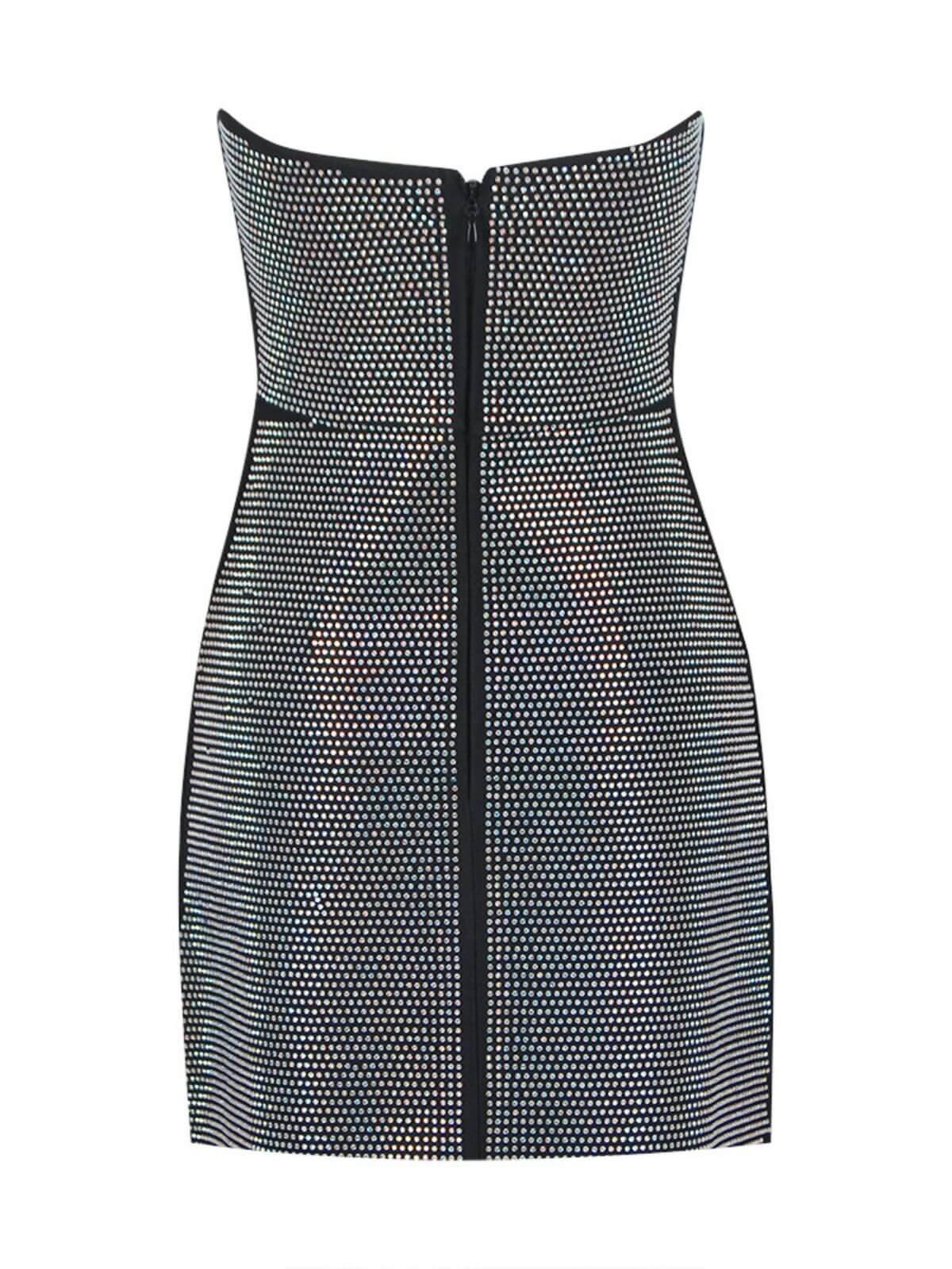 Strapless Rhinestone Mesh Cutout Bandage Bodycon Mini Dress