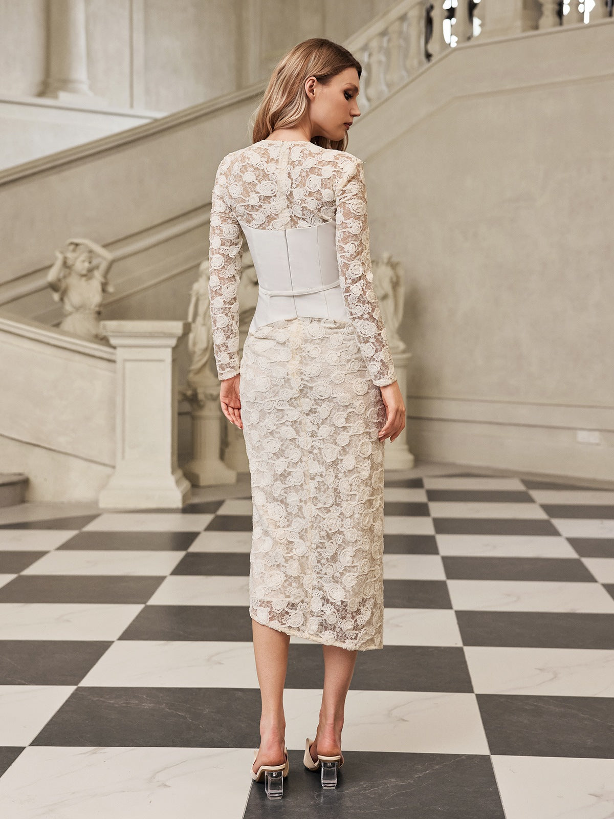 V Neck Lace Midi Dress