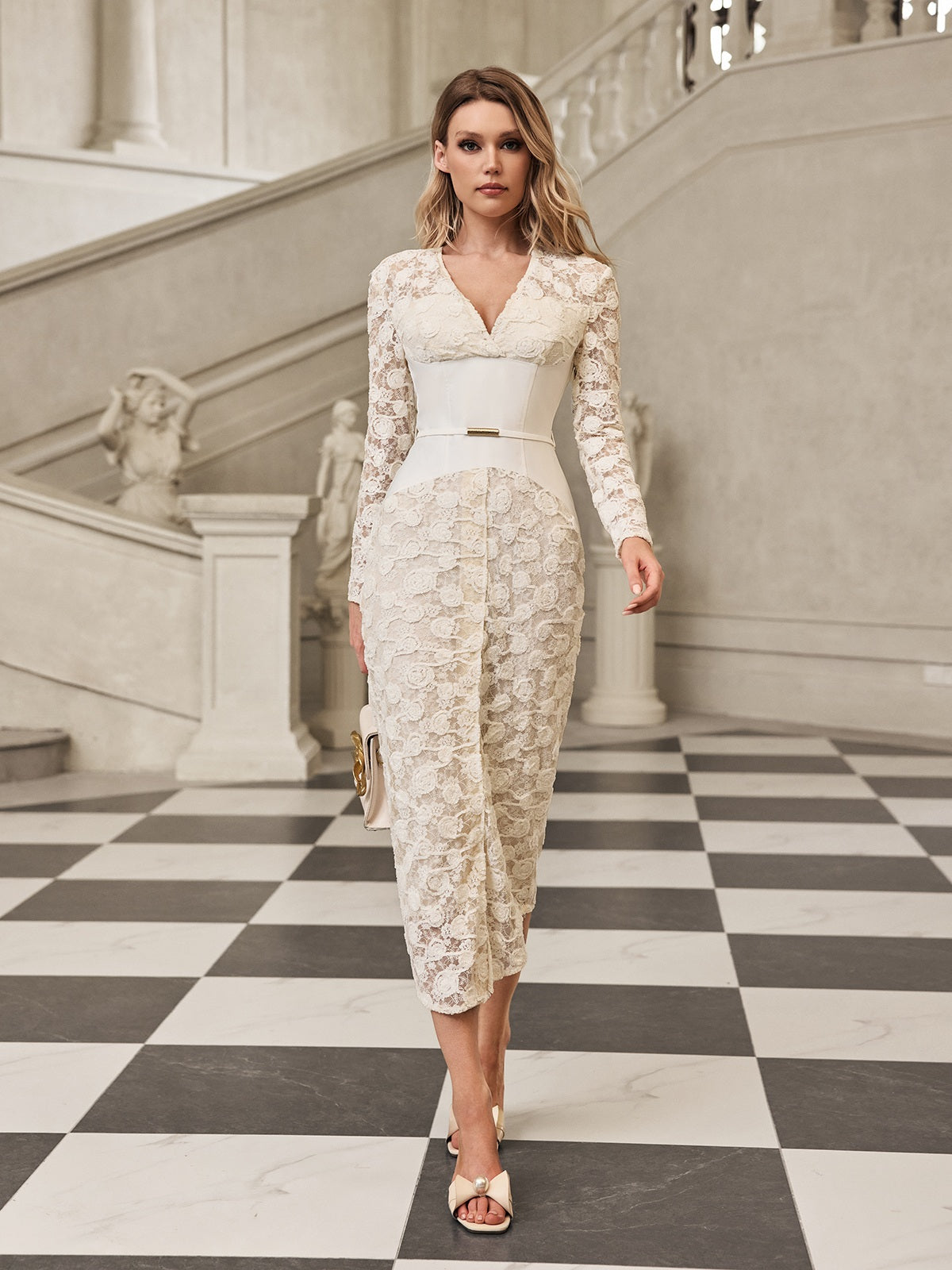 V Neck Lace Midi Dress