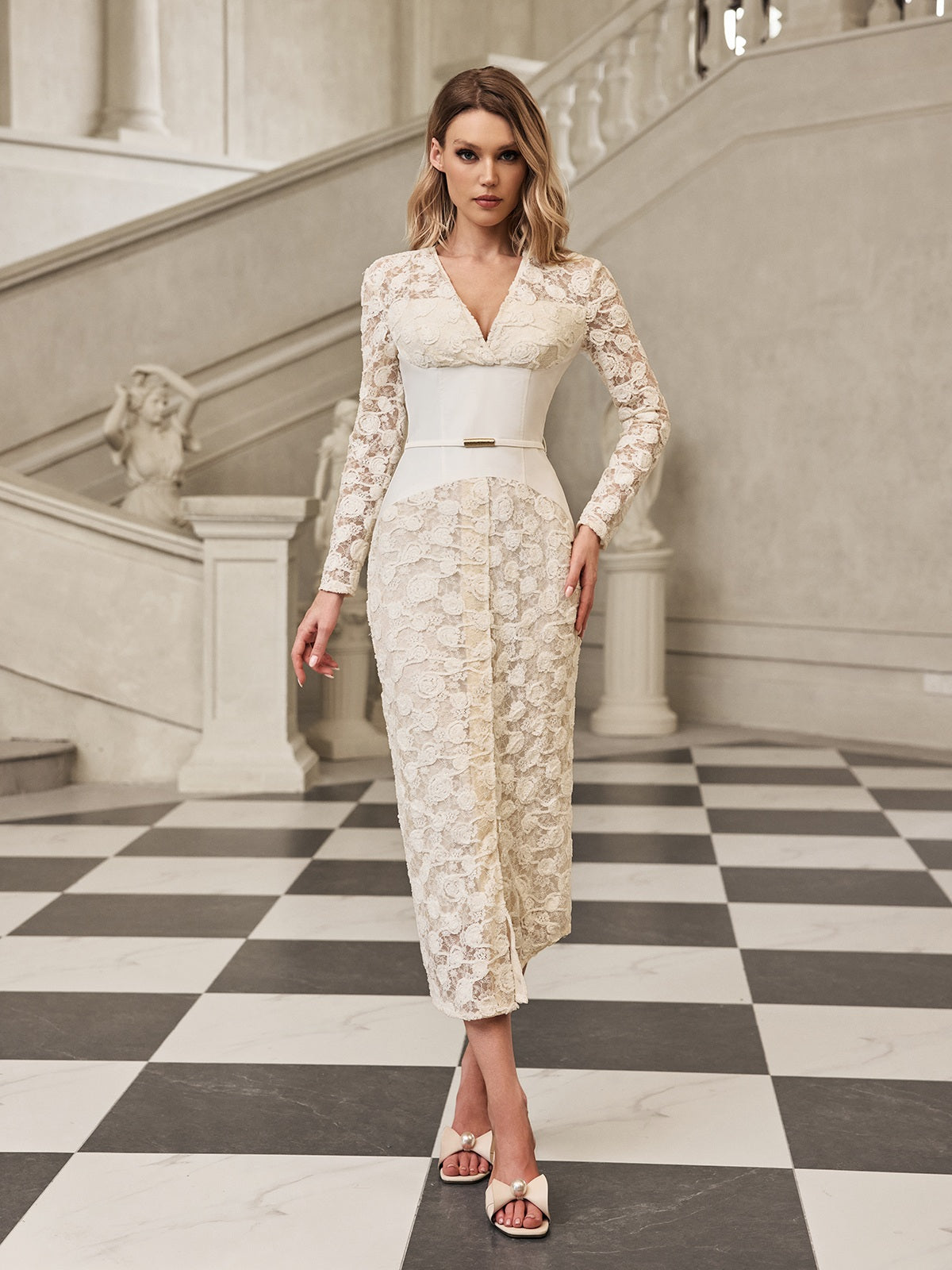 V Neck Lace Midi Dress