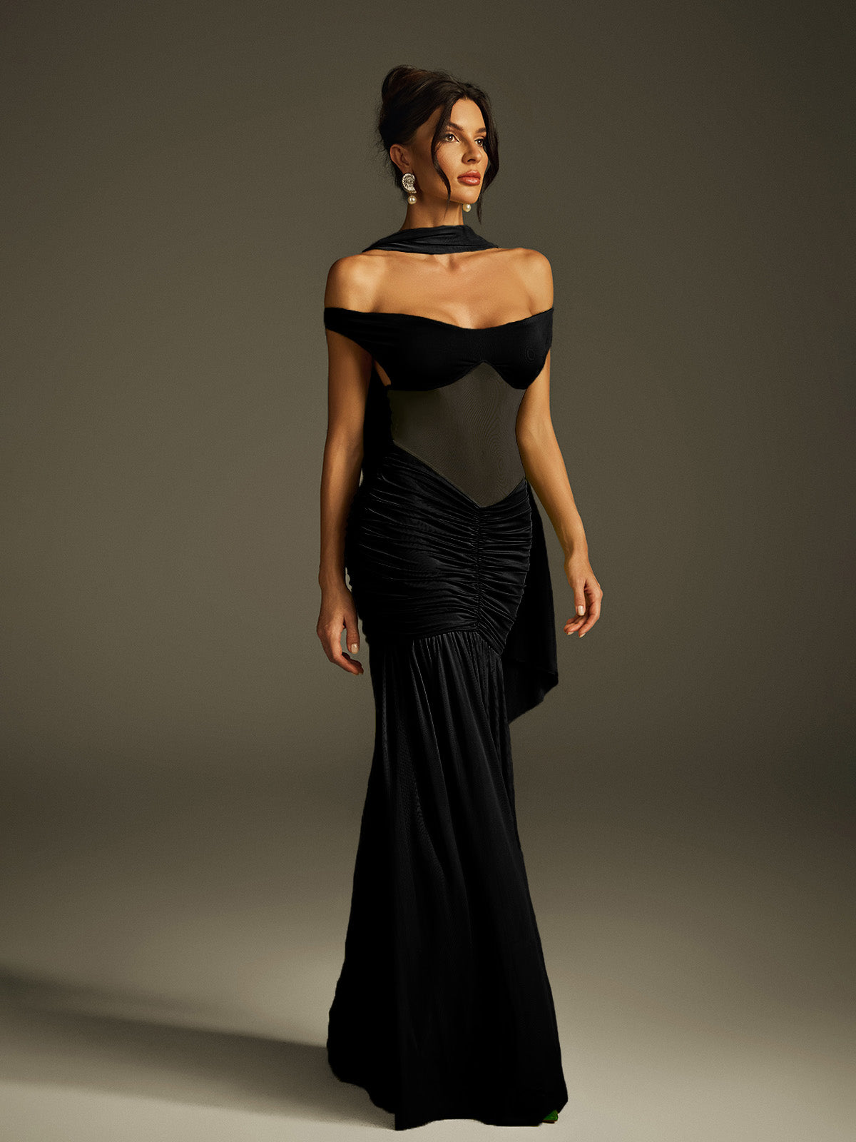 Halterneck Ruched Maxi Dress In Black