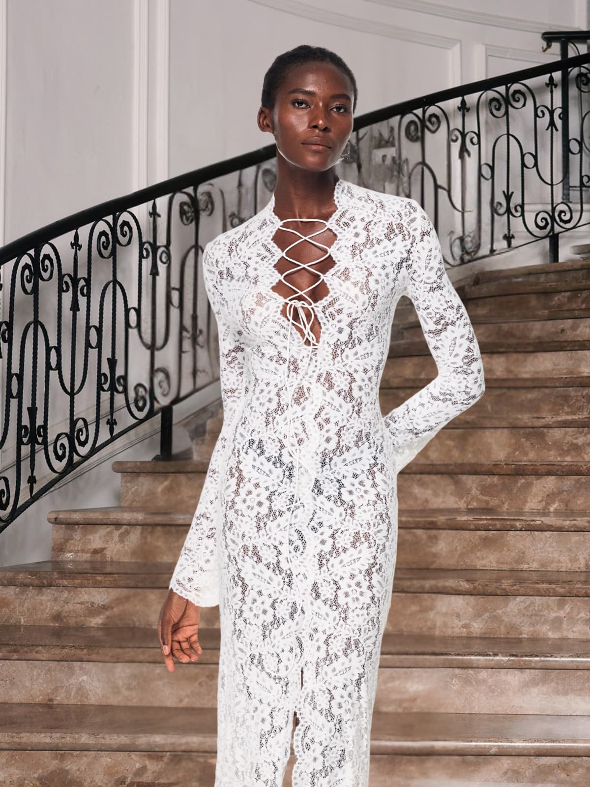 Lace Up Split Lace Midi Dress