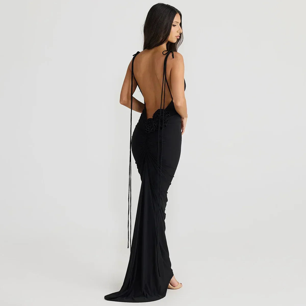 Sexy Floral-applique Backless Elegant Maxi Party Dress