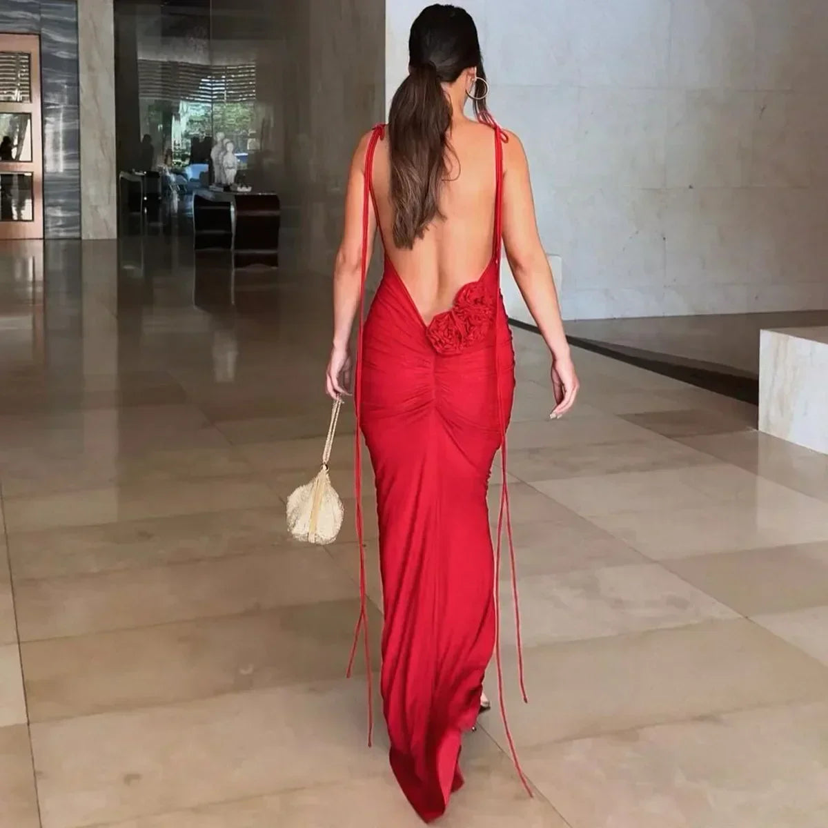 Sexy Floral-applique Backless Elegant Maxi Party Dress