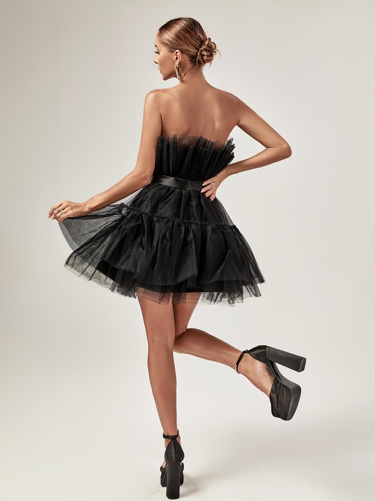 Strapless Pleated Mesh Bow Tiered Tulle Fit and Flare Mini Dress