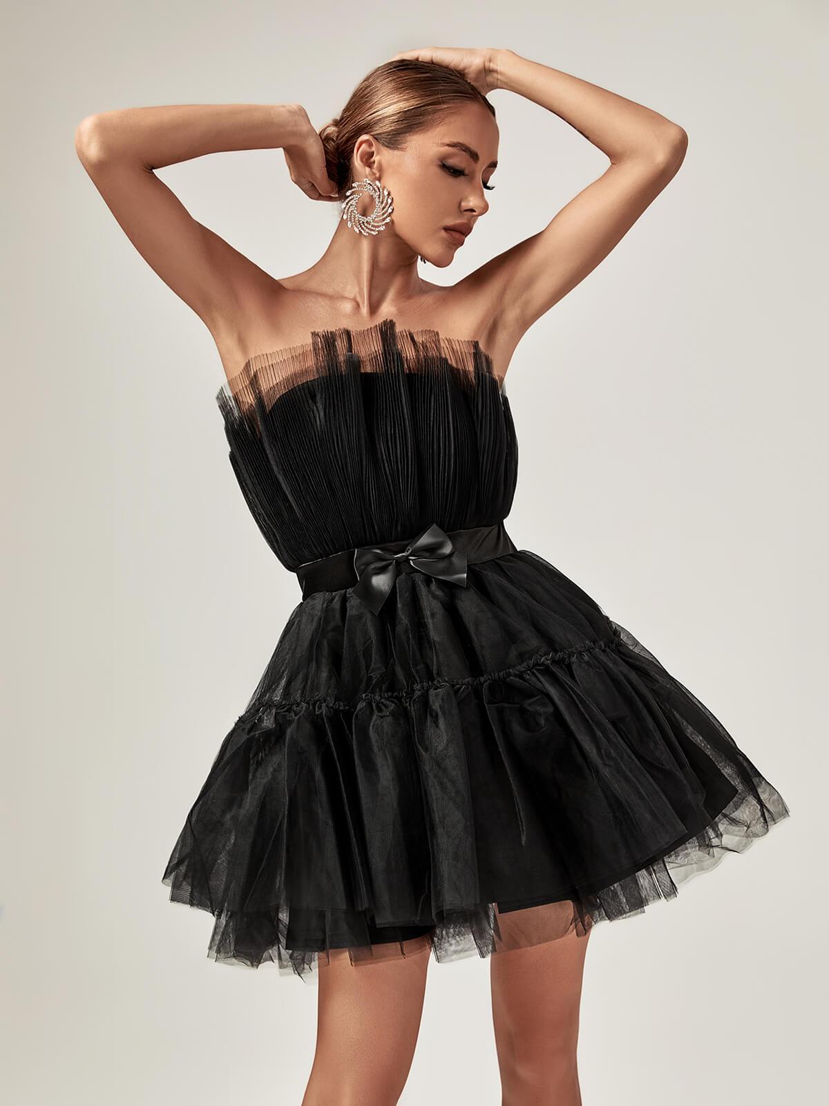 Strapless Pleated Mesh Bow Tiered Tulle Fit and Flare Mini Dress