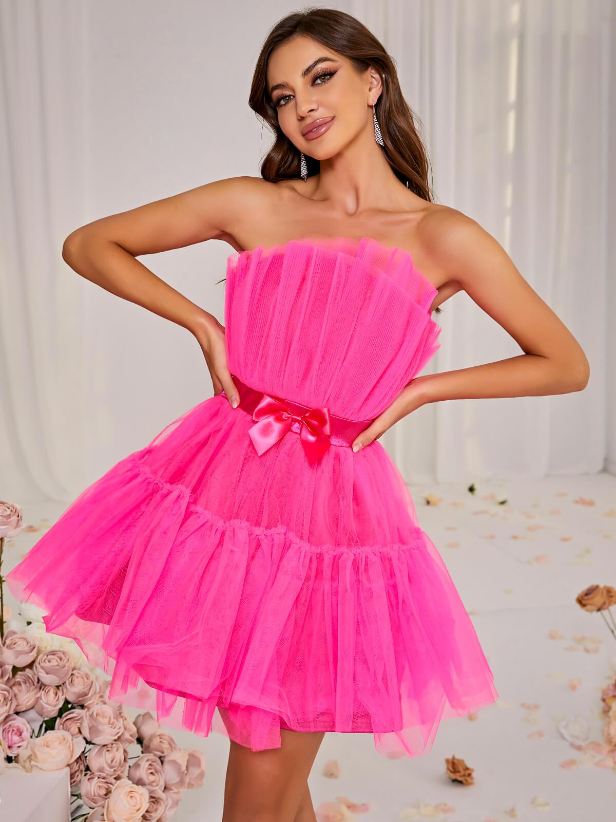 Strapless Pleated Tulle Bow Belt Tiered Fit Flare Mini Dress