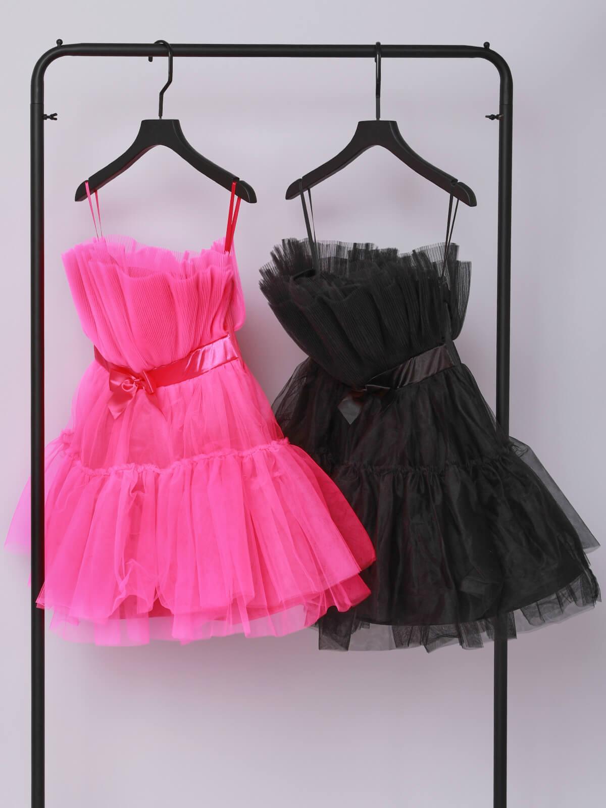 Strapless Pleated Mesh Bow Tiered Tulle Fit and Flare Mini Dress