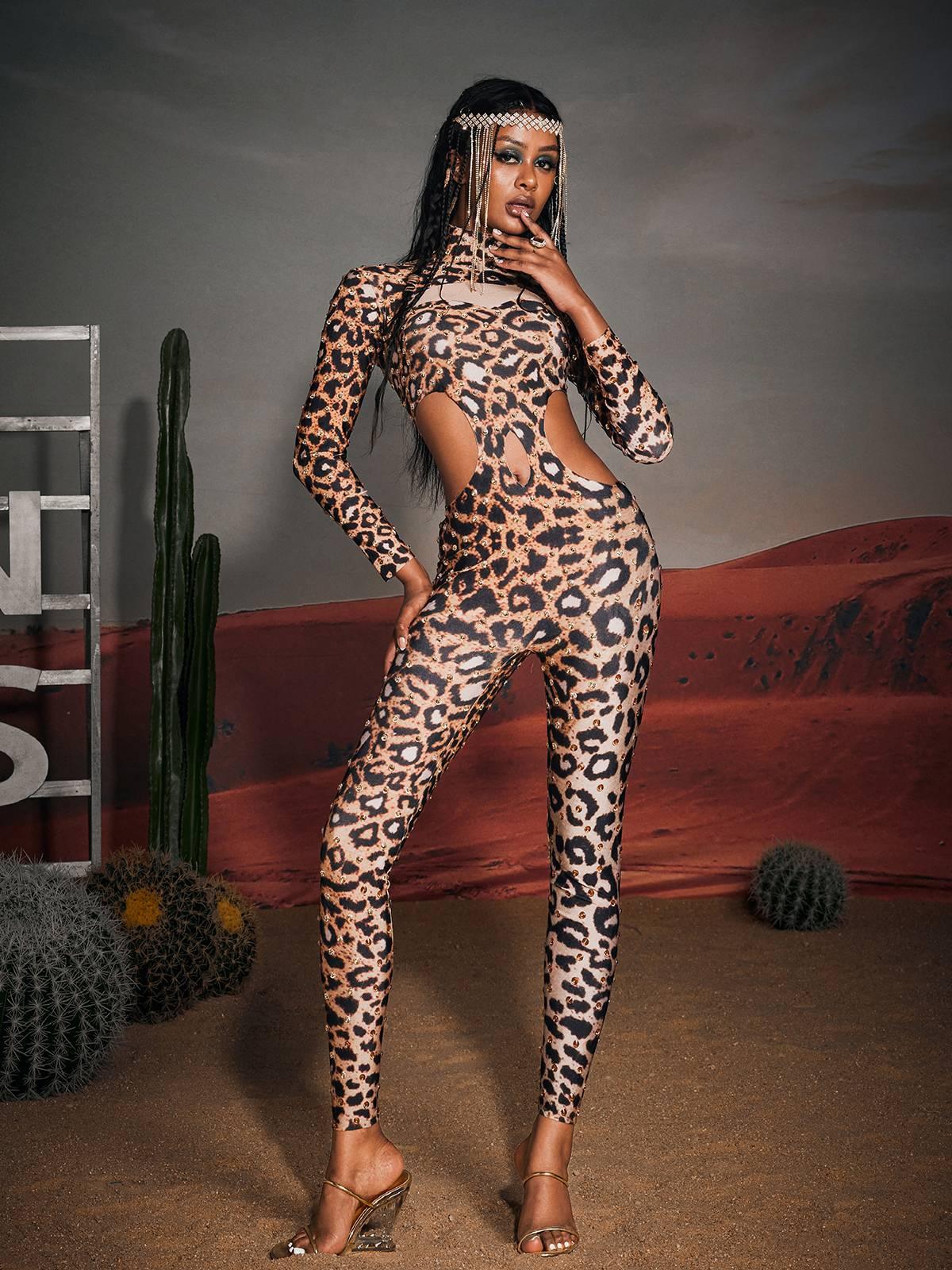 Cutout Leopard Rhinestone Jumpsuit