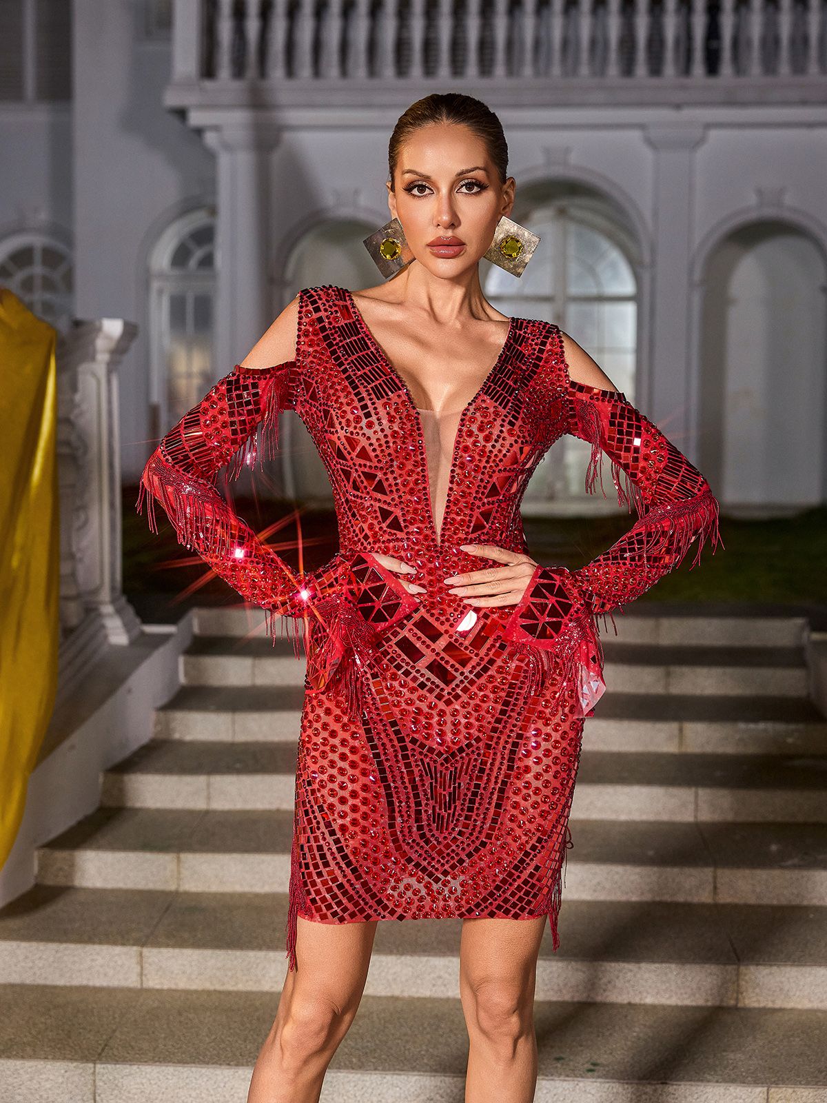 Rhinestone Fringe Acrylic Mini Dress