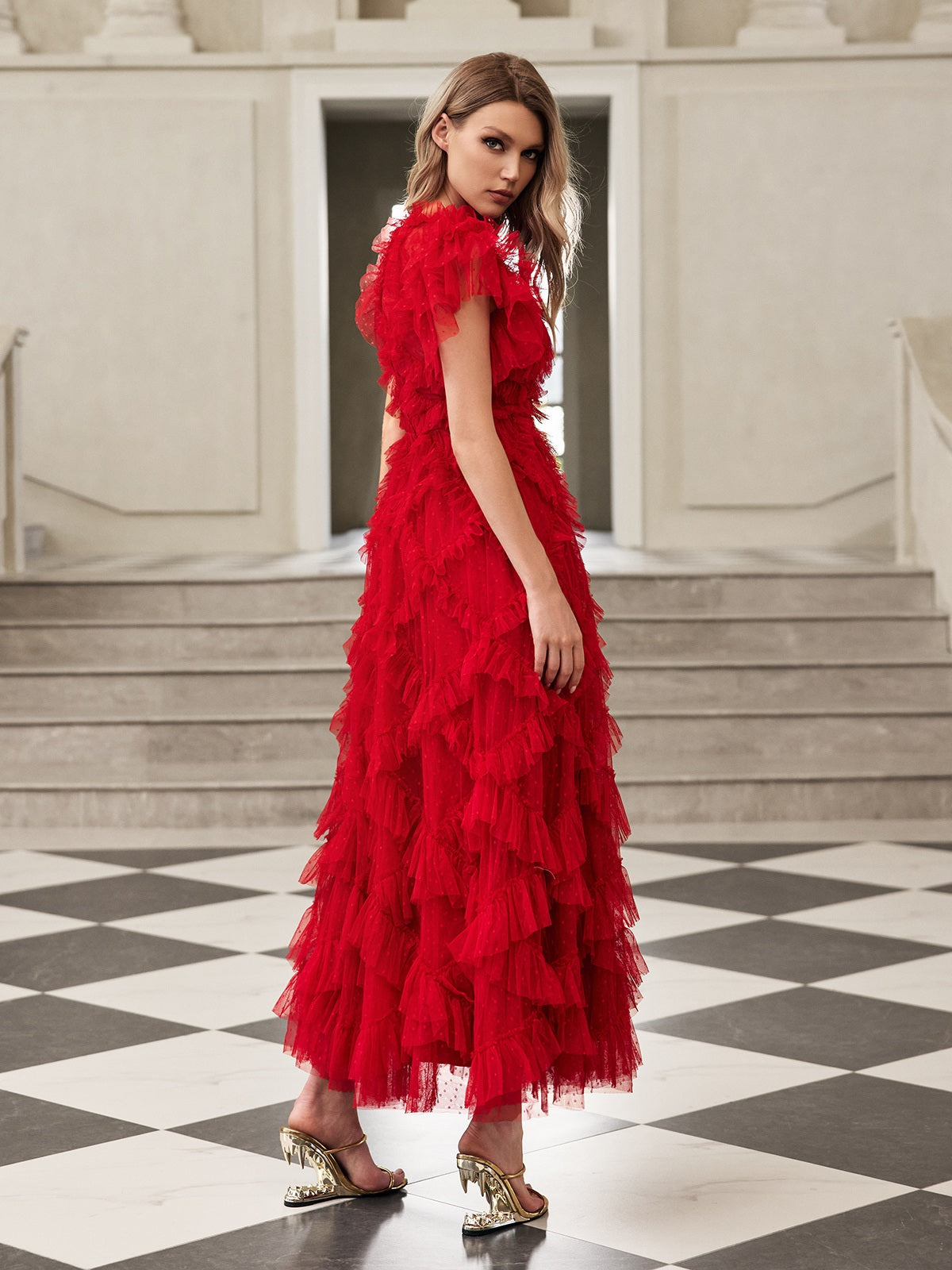 Tulle Tiered Mesh Midi Dress