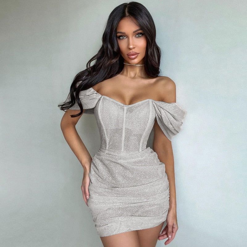 Off-Shoulder Puff Sleeve Glitter Corset Ruched Bodycon Mini Dress