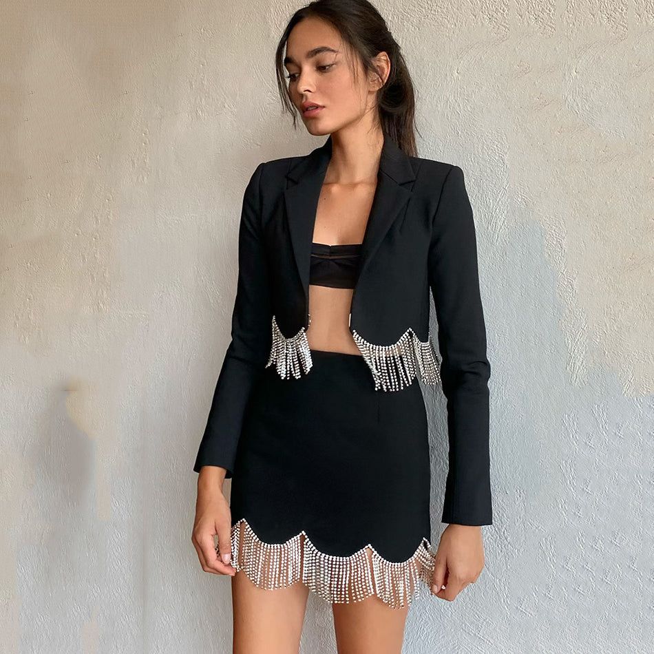 Black Crystal Fringe Hem Cropped Blazer and Mini Skirt Set
