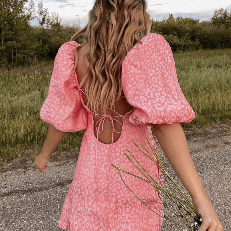Pink Puff Sleeve Lace-Up Open Back Textured Jacquard Mini Dress