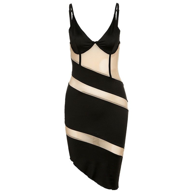 Black Spaghetti Strap Underwire Mesh Cutout Asymmetric Bodycon Midi Dress