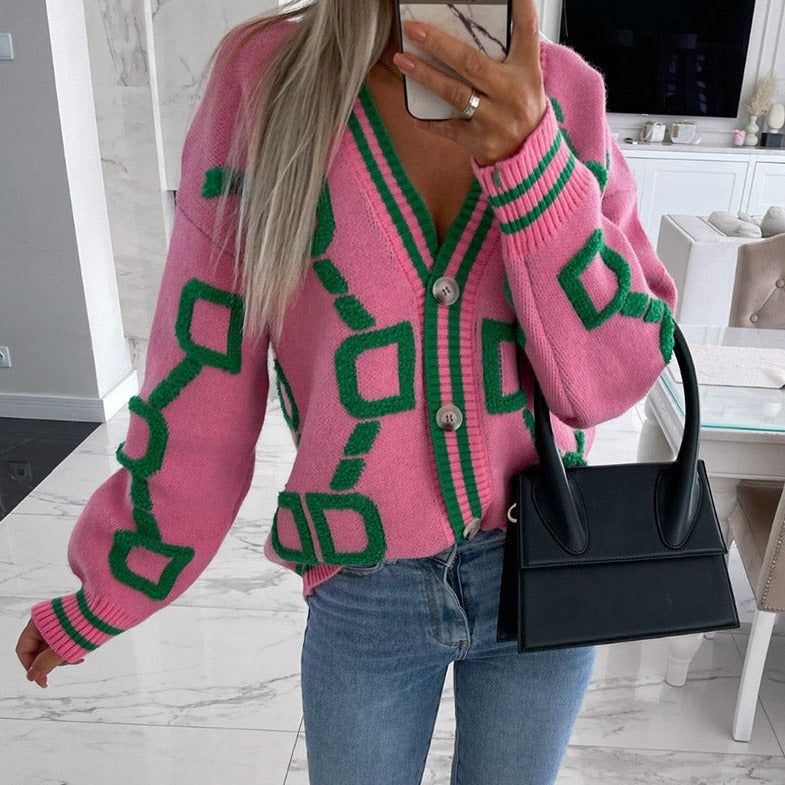 V-Neck Button Front Geometric Pattern Knit Cardigan