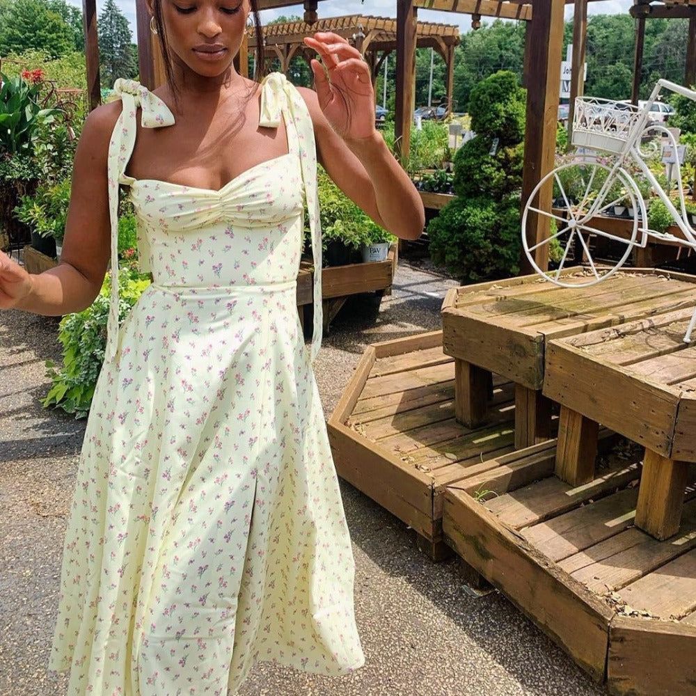 Yellow Sweetheart Tie Strap Floral Ruched Side Slit Maxi Dress