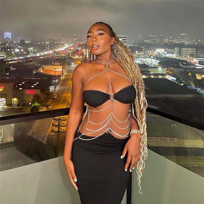Black Halter Neck Rhinestone Chain Cutout Bodycon Maxi Dress 6
