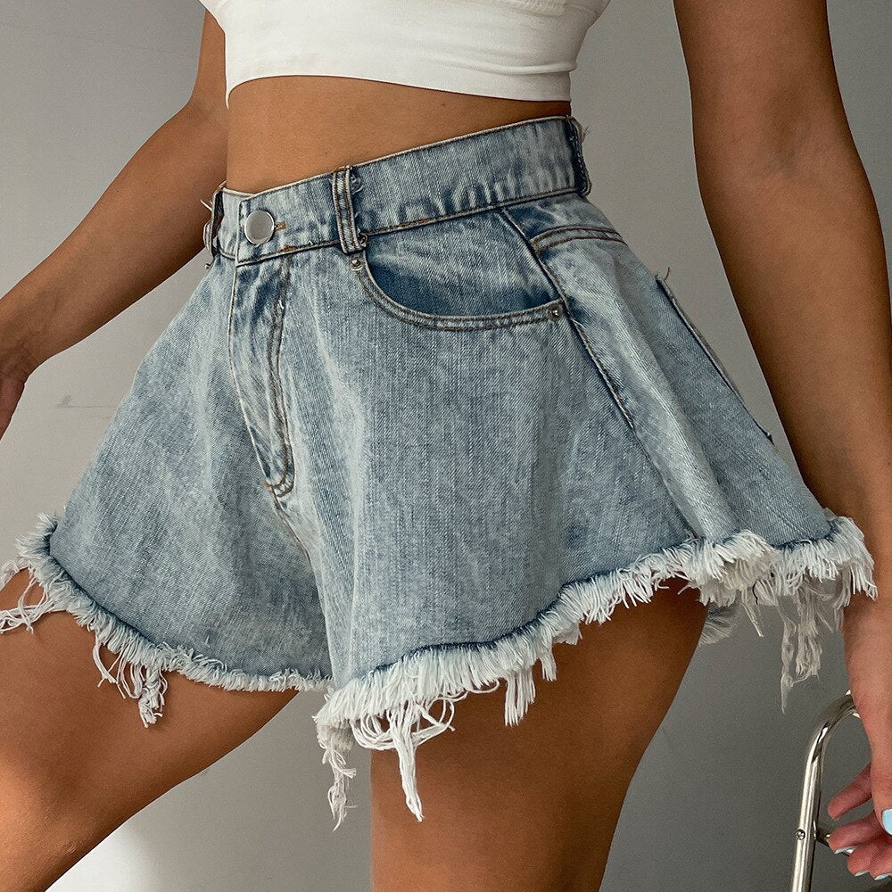 Detail and Tassel Shorts with Holes Sizes Women's Denim High - Waist S-XXL