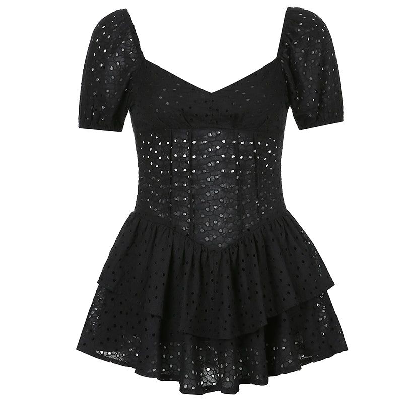 Sweetheart Neck Puff Sleeve Eyelet Tiered Ruffle Mini Dress
