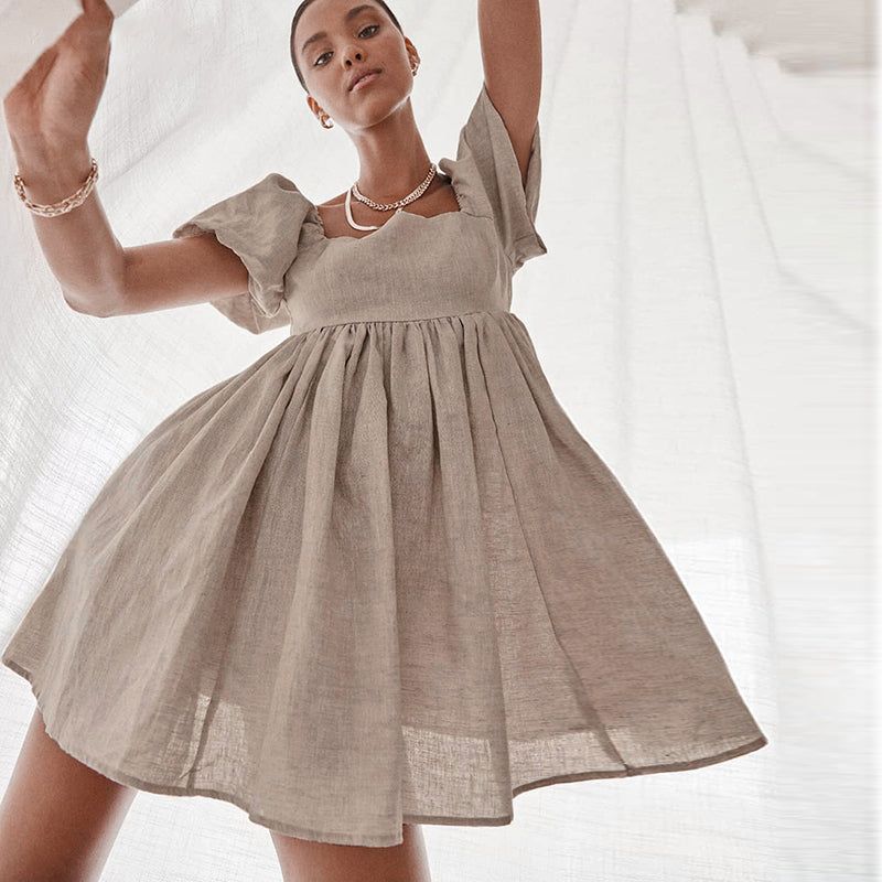 Khaki Square Neck Puff Sleeve Linen Babydoll A-Line Mini Dress