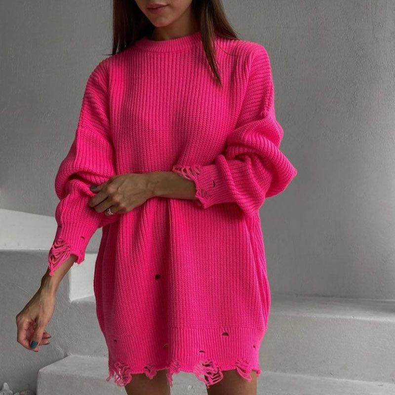 Crew Neck Distressed Hem Ribbed Knit Sweater Dress